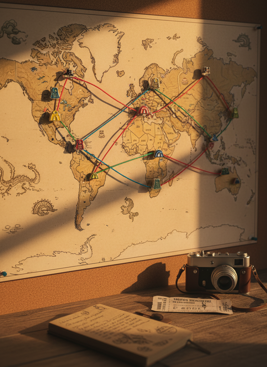 A large, illustrated world map pinned to a corkboard, each continent dotted with tiny, rounded enamel pins shaped like miniature backpacks, tents, and hiking boots. Curved strings in bright reds, blues, and greens connect pins between cities, forming a playful web of budget routes. The map sits above a simple wooden desk scattered with a well-used notebook, a slightly crumpled bus ticket, and a compact travel camera. Warm golden hour light from a side window grazes the scene, creating soft highlights on the glossy pins. Photographic, eye-level composition with a gentle vignette, emphasizing an inviting, energetic planning mood, perfect for a whimsical backpacking blog homepage.