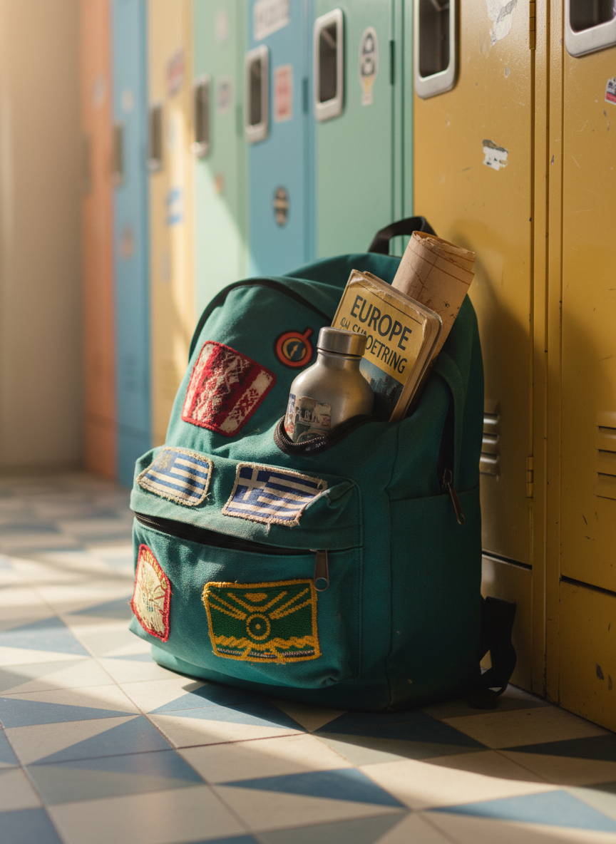 A well-worn teal backpack with colorful fabric patches from different countries stitched across its rounded front pocket, propped against a bright mustard-yellow hostel locker. The zippers are slightly open, revealing a rolled map, a dented metal water bottle, and a guidebook with dog-eared pages peeking out. Soft morning sunlight streams through a nearby window, casting playful, curved shadows on the tiled floor and creating gentle highlights on the backpack’s textured fabric. Photographic realism, vibrant and colorful, shot at eye level with a shallow depth of field so the background lockers blur into pastel tones, creating an energetic, whimsical atmosphere that feels like the start of a new budget adventure.
