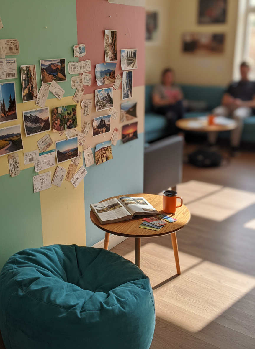 A cheerful hostel common room corner featuring a rounded, turquoise beanbag chair nestled beside a low, circular wooden table. On the table sits an open, dog-eared guidebook, a small stack of colorful transit cards, and a bright orange travel mug with a matte finish. Behind, a wall painted in playful pastel blocks displays a collage of pinned ticket stubs and postcard-sized landscape photos, slightly curled at the edges. Diffused afternoon light from an unseen window softens every surface, creating gentle, curved shadows. Photographic realism shot from a slightly elevated angle, with sharp focus in the foreground and mild background blur, capturing a cozy, vibrant, budget-travel atmosphere filled with curiosity and possibility.